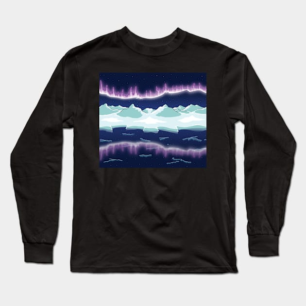 Aurora over snowy mountain Long Sleeve T-Shirt by AtelierRillian